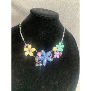 Colorful Floral Necklace With Adjustable Chain & Beaded Accents 18"